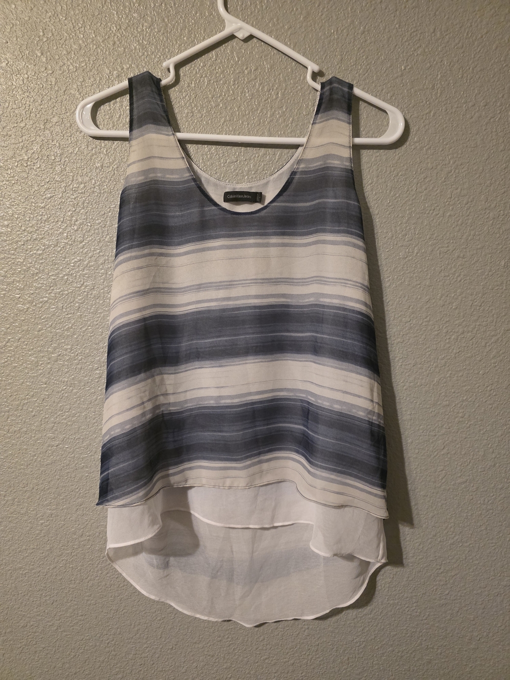 Calvin Klein Blue and White Striped Layered Chiffon Tank
